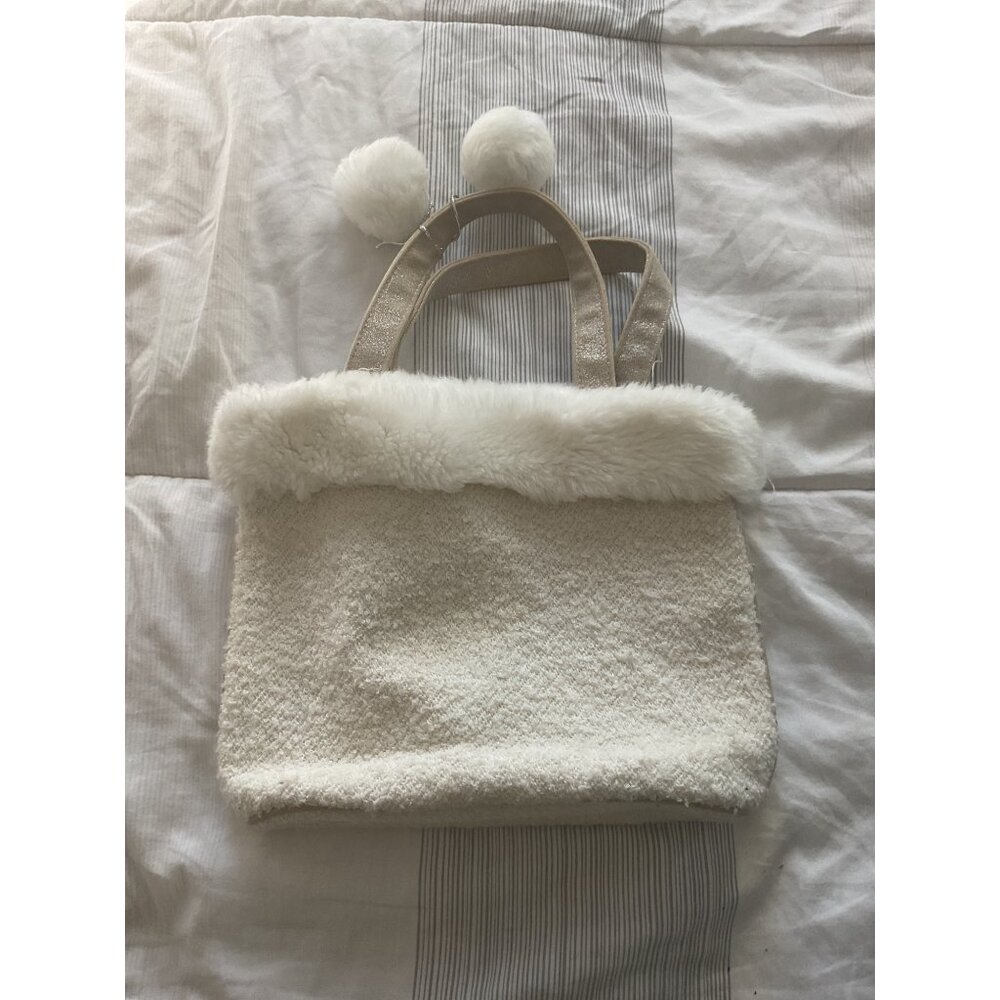 White Plush Handbag With Pom-Poms & Satin Lining
